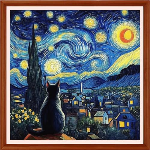 Redxing Counted Cross Stitch Kit for Beginners,Unprinted Needlepoint Kits for Beginners Cross Stitching Embroidery Kit 11CT Stitches kit-Cat Admiring Moon 18x18 inch - color: Setpattern18