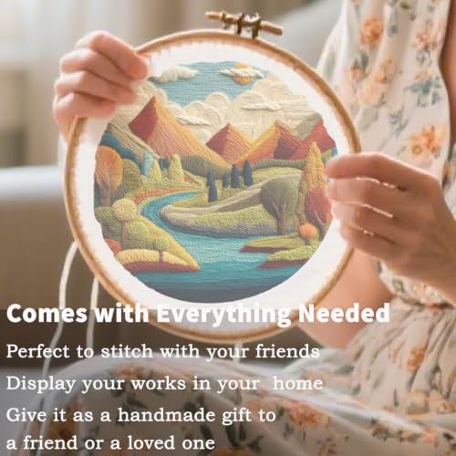 FONNUY Embroidery Kit for Beginners, Brightly Colored Landscape Lake Pre-Stamped Pattern Kits for Adults with Hoop, Easy to Follow Color Thread Needlework, 8'' Hoop (Blue) - color: Blue