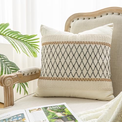 Throw Pillow Covers 16 x 16 Inch 1PC for Farmhouse Living Room, Cotton & Burlap Textured Striped Woven Boho Pillow Covers (Beige & Black Grid) - color: Black Grid, size: 16" x 16" (Pack of 1)