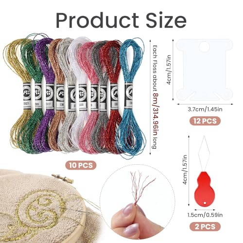 10Colors Metallic Sparkle Embroidery Floss Set, Glitter Cross Stitch Thread Including 10 Skeins Thread, 12pcs Plastic Bobbins and 2pcs Threaders for Cross Stitch DIY Craft (8m 12 Strands)