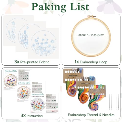 Louise Maelys 3 Pack Floral Embroidery Kit for Beginners, Garden DIY - color: Floral Nature