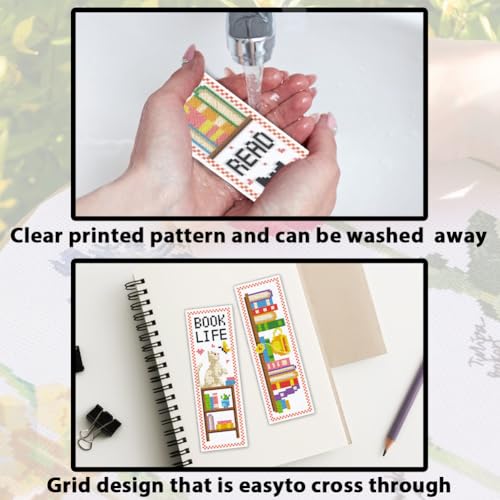 ACRNIGHEET 12PCS Cross Stitch Bookmark Kit for Adult Beginners, Cats and Bookshelf Pattern Stamped Embroidery Bookmark, Needlework Kit with Instructions, Size 8.5''x3'' - style: Bookshelf Patterns