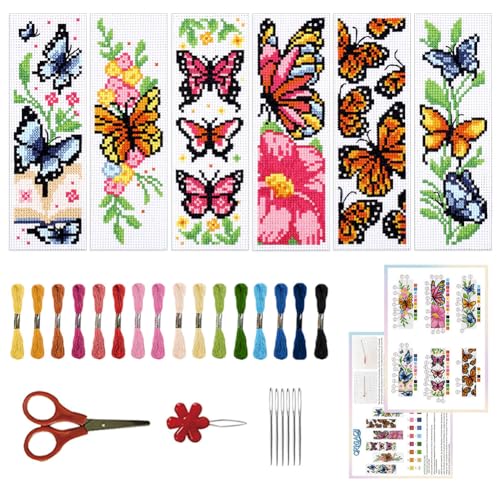 ORIGACH 6 Set Butterfly & Flower Cross Stitch Bookmark Kit for Beginner - style: Butterflies
