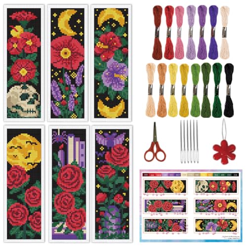 INFUNLY 6pcs Gothic Rose Cross Stitch Bookmark Kits for Adults Bat Skull DIY Cross Stitch Kit with Instructions Pre-Printed Moon Flowers Stamped Embroidery Bookmark Kit for Book Lovers Readers Gift - style: Gothic Rose