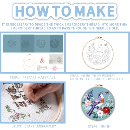 FREEBLOSS 4 Sets Embroidery Kit for Beginners Needlepoint Birds&Wreath Stamped Embroidery Starter Kit with Instructions, Needles, Threads, 2 Hoops 11.6"/29.5CM - style: Bird Wreath
