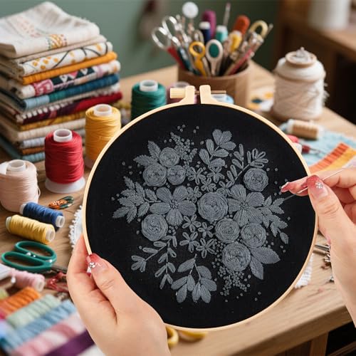 Crafmanoe Embroidery Kits for Beginners Adults, Black Flowers Embroidery Starter Kits, Counted Cross Stitch Kits for Beginners Adults Hobbies Set for Women, Embroidery Hoops, Thread and Video Tutorial - color: H2036, size: 8Inch