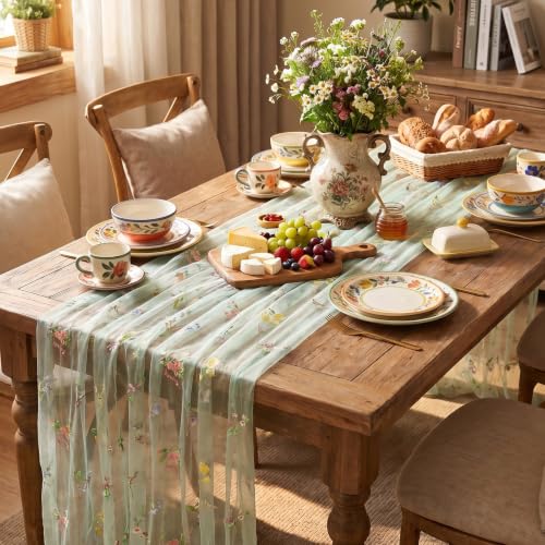 Floral Gauze Table Runner Green 10ft Embroidery Tulle Spring Wildflower - color: Green, size: 60"x120",1pc