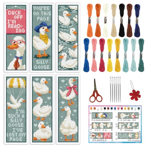 INFUNLY 6PCS Duck Cross Stitch Bookmark Kit for Beginners 2.99''×8.54'' Duckling Stamped Embroidery Bookmark Kits with Words Animals Needlepoint Bookmark Kit with Instruction for Book Lovers Readers - style: Duck
