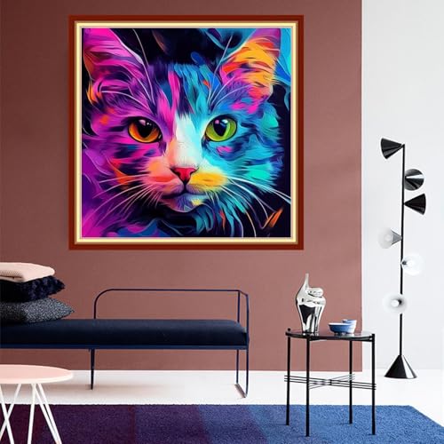 DMCVIVR Stamped Cross Stitch Kits for Beginners Adults Needlepoint Kits for Beginners Embroidery Kits for Adults Crossstitch Kit for Beginners 11CT-Colorful Cat 18x18 inchs - color: ColorNice07