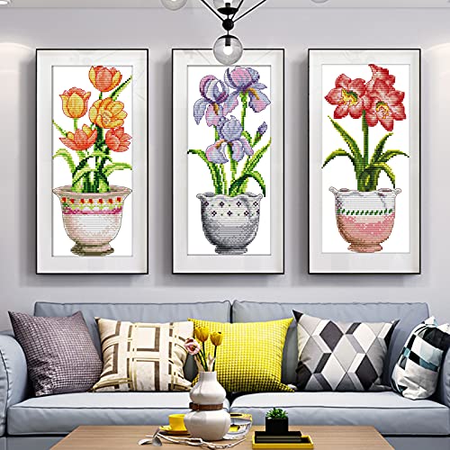 ITSTITCH Cross Stitch Kits for Adults 3 Pack Flowers 7.5x15 inch - color: Potted flowers，7.5x15 inch