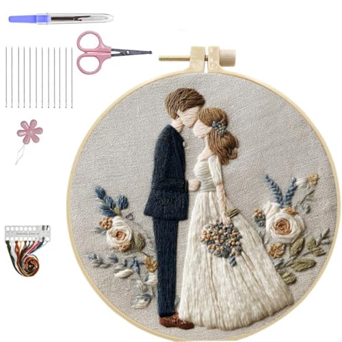 HCANPER Sweet Couple Embroidery Starter Kit, Valentine's Day Gifts，DIY Needle Punch Kit, Punch Needle Kits for Beginners,Include Pre-Printed Fabric,Tools,Embroidery Hoop,Threads. (Three) - color: Three