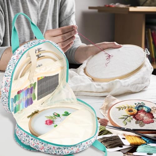 Embroidery Project Bag, Embroidery Supplies Storage Carrying Tote Case with Multiple Pockets and Handle, Cross Stitch Bag, Double Layer Embroiderys Project Bags for Floss Hoops Thread (Lake Blove) - color: Lake Blove