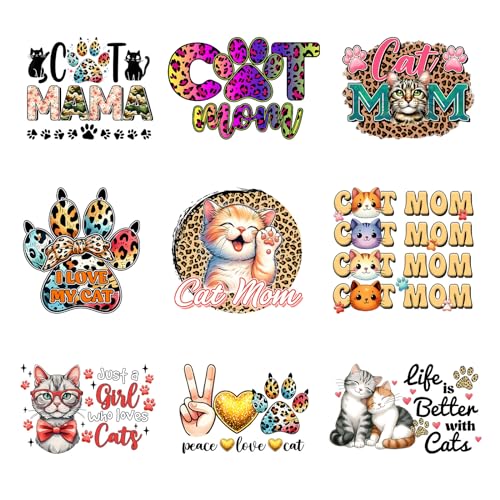 9pcs Cat Mom Iron On Decals Thermal Transfer Stickers for Clothing Appliqued Sublimation Patches Iron On Transfer Designs Heat Press Vinyl for Shirts Pillow Covers - style: 9PCS-B01(Small)