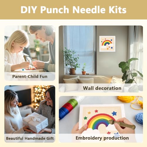 Doodlream Rainbow Star DIY Punch Needle Embroidery Kit for Adult Beginner, 9.4" Rainbow Punch Stitching Craft Set for Starter with Frame, Fabric Pattern, Threader, Yarn, Pinch Needle - color: Rainbow