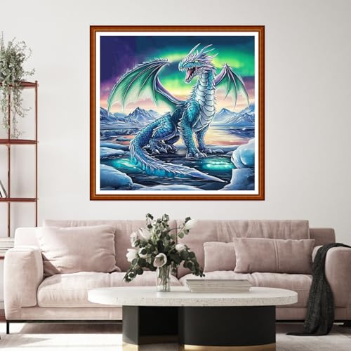Funart Stamped Cross Stitch Kits for Beginners Full Range of Cross Stitching Preprinted Embroidery Kits for Adults, 11CT Embroidery Pattern Needlepoint Kits-Snow Scenery and Snow Dragon 18x18 inch - color: ColorArt50