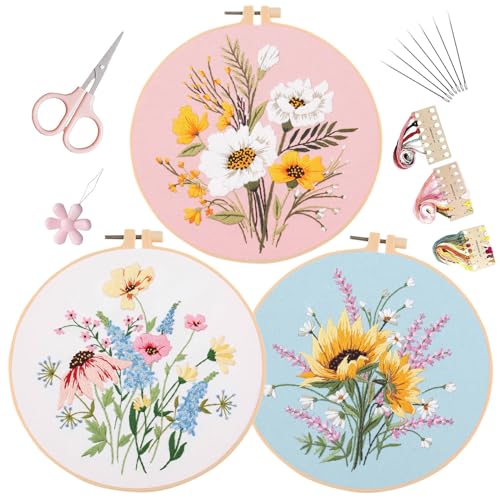LB Sunflower Floral Embroidery Kit for Beginners Adults, 3 Sets Hand Embroidery Starter Kit with Flower Pattern and Instructions Stamped Cross Stitch Kits Include Embroidery Hoop Needles Threads - color: Pink