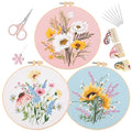 LB Sunflower Floral Embroidery Kit for Beginners Adults, 3 Sets Hand Embroidery Starter Kit with Flower Pattern and Instructions Stamped Cross Stitch Kits Include Embroidery Hoop Needles Threads - color: Pink