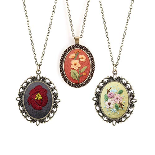 MWOOT 3 Pack Pendant Embroidery Starter Kit for Beginners, Retro Necklace Series Cross Stitch Tools for Necklace & Earrings & Hand Sewing Jewelry & Creative Gifts,Style B