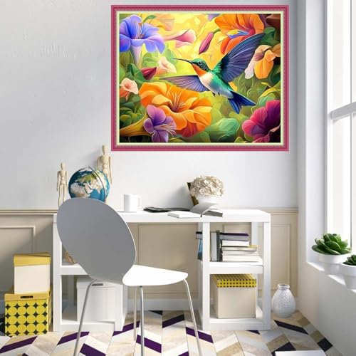 Disnesart Cross Stitch Stamped Full Embroidery Kits DIY 11CT Cotton Thread Printed DIY Needlepoint Kits Craft Needlework Set Cross-Stitch Stamped Sets-Colorful Flower Hummingbird 16x20 inch - color: Stylepattern05