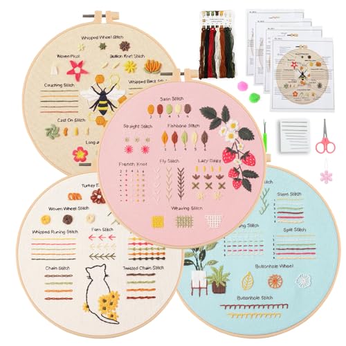 JOINRUN Beginner Embroidery Kit for Adults, 4 Pack with Video Tutorial - color: Strawberry