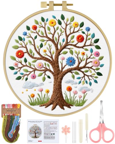 ERKOON Embroidery Kit for Beginners Adult, Cross Stitch Set Include Embroidery Cloth Hoops Threads for Craft Lover Hand Stitch with Embroidery Skill Techniques (Tree) - color: Tree