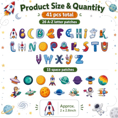 Cinrobiye 41 Pcs Outer Space Patches Self Adhesive Cute Astronaut A to Z Alphabet Applique Galaxy Spaceship Rocket Chenille Letter Patches Stick on for Clothing Hats Bags Fabric DIY Crafts - style: Astronaut