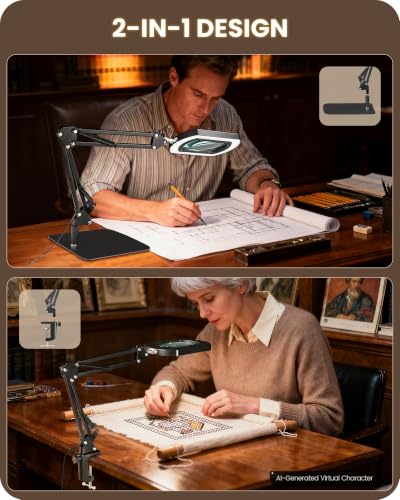 10X Square Magnifying Glass with Light and Stand, 2-in-1 LED Lighted Desk Lamp & Clamp, 5 Color Modes Stepless Dimmable, Hands-Free Magnifier Desk Lamp for Reading Craft Close Work B01DL05