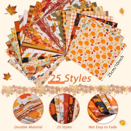 25 Pcs Fall Quilting Fabric Scraps, 10''x10'' Thanksgiving Cotton Fabric Squares Vintage Precut Quilt Kits Include Pumpkin Maple Leaf Bundle Print for Autumn Holiday DIY CRA - color: Orange Autumn