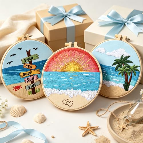 Beach Embroidery Kits for Beginners Adults, Coastal Hand Embroidery Set Needlepoint Kits, Sea Sunrise Stamped Cross Stitch Kits for Beginner Adults, 3 Embroidery Hoop, Fabric (Attached Video Tutorial) - color: Beach, size: 8inch
