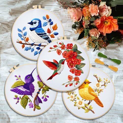 INFUNLY 5 Sets Bird and Flower Embroidery Kits for Beginner DIY Cross Stitch Starter Sets with Instructions Colorful Handmade Needlepoint Kits with Embroidery Cloth Colored Threads Hoops Tools - style: Flowers and birds