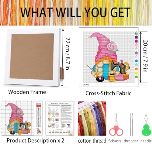 VIGEGU Gnome Stamped Cross Stitch Kits for Adult Beginner with Wooden Frame - color: Gnome Sewing Machine