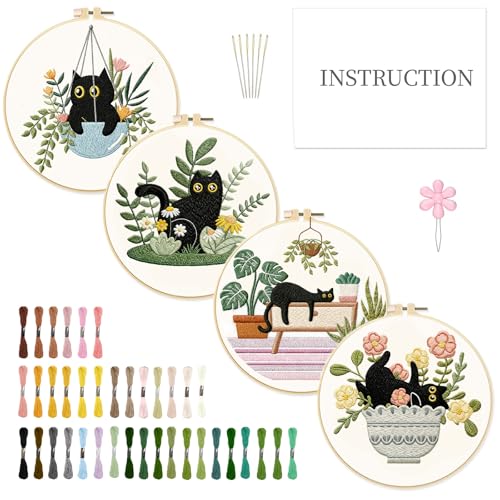 INFUNLY 4 Sets Cat Embroidery kit DIY Embroidery Kit for Beginners Cat Embroidery Set Plant Cats Cross Stitch Kit for Adults with Plastic Embroidery Hoops Threads and Instructions - color: Cat and Plant