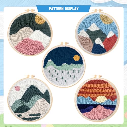 Night Mountain Punch Needle Kit for Adults – DIY Embroidery Craft Set with Pre-Printed Fabric, Hoop & Yarn, Beginner Friendly Home Decor Gift - color: landscape-night