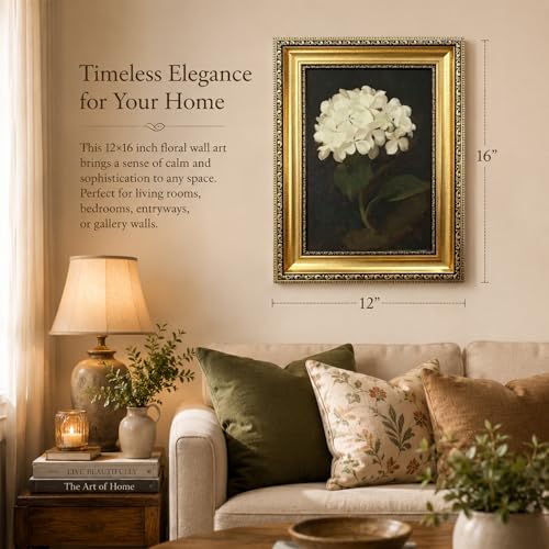 Gold Framed White Hydrangea Flower Wall Art,Vintage Floral Canvas Painting - color: Hydrangea Gold Framed, size: 16"L x 12"W