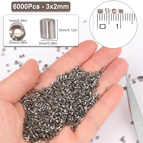 6000pcs Grey Bugle Beads Bulk, Embroidery Tube Short Beads for Jewelry Making, Bracelet,Necklaces Supplies,Craft DIY(3x2mm) - color: Grey