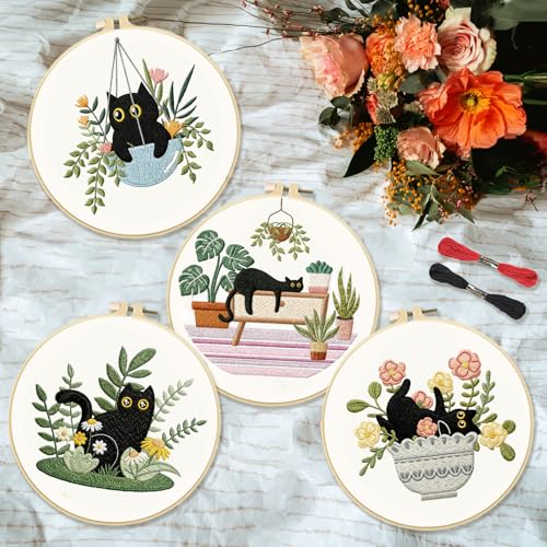 INFUNLY 4 Sets Cat Embroidery kit DIY Embroidery Kit for Beginners Cat Embroidery Set Plant Cats Cross Stitch Kit for Adults with Plastic Embroidery Hoops Threads and Instructions - color: Cat and Plant