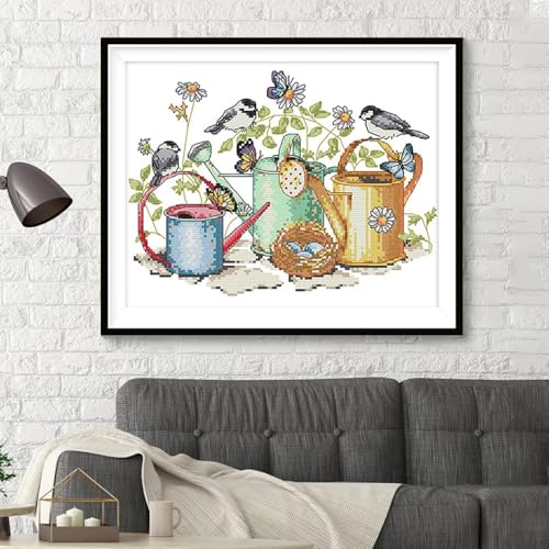 Rosyfoxes Cross Stitch Kits Stamped Full Range of Embroidery Starter Kits for Adult DIY- Printed kit Bird and Kettle (Printed) 11ct 3-strands16.9×13 inches - color: printed kit Bird and Kettle(printed)11ct 3-strands16.9×13inches