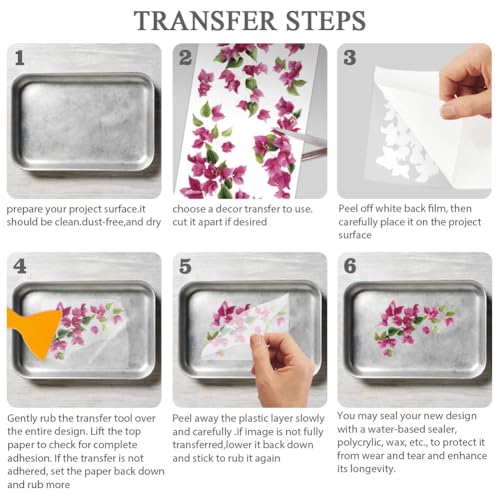 OLYCRAFT 3Pcs Plum Blossom Rub on Transfers for Furniture and Crafts 6x12 Inch Bougainvillea Furniture Decals Decor Pink Flower Transfer Stickers with 1pc Scraper for Glass Cups Cabinets Decor - style: Bougainvillea