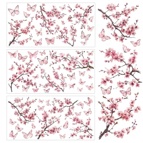 3 Sheet Rub on Floral Transfer Decals for Furniture Vintage Peach Blossom Flower Branches and Butterflies Rub on Transfer Stickers for Wood DIY Paper Window Home Decor 11.8 x 5.9 Inch - style: Pink flower branches and butterflies