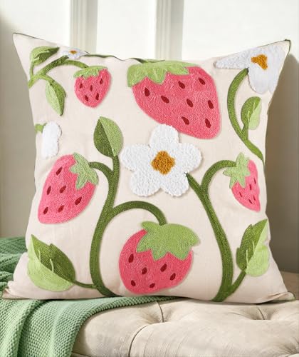 Embroidered Throw Pillow Cover 18x18 Inch, Branch Strawberry - color: Branch-strawberry, size: 18" x 18" (Pack of 1)
