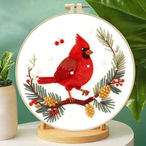 Zhenqing Cardinal Embroidery Kit for Beginners, Winter Red Bird Needlework Craft with Pre-Printed Cotton Fabric, Hoop, Threads & Tools, Holiday Decor (C0213) - color: Winter Cardinal