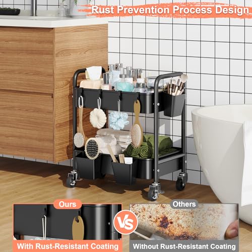 2 Tier Small Rolling Cart Metal with Wheels, Black Under Desk Storage Carts - color: Matte Black, size: 2 Tier + Cups + Hooks