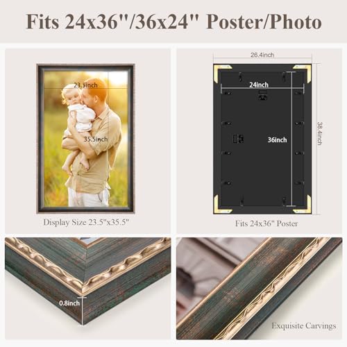 24x36 Frame Vintage Green, Ornate 36x24in Picture Frame with Floral Trim, for 24 x 36inch Gallery Photo Pic with HD Plexiglass, 1.6in Widen 0.8in Thick, Horizontal Vertical Wall Display - color: Vintage Green, size: 24x36in
