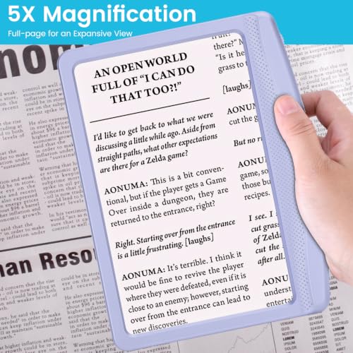 Rechargeable 5X Magnifying Glass for Reading, Large Bright Full Page Magnifier with Light, Handheld LED Dimmable Lighted, Lightweight Book Magnifier for Reading Small Prints Seniors - Purple - color: Purple