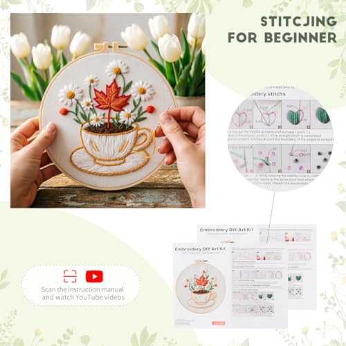 MAKHOT Folwer Embroidery Kits for Beginners with Cross Stitch Kits, Embroidery Hoop, Tools,Colorful Threads,Step by Step Instructions,Adults Starter Cross Stitch Kit DIY Needlepoint(2PCS Cup Flower) - color: 2PCS Cup Flower