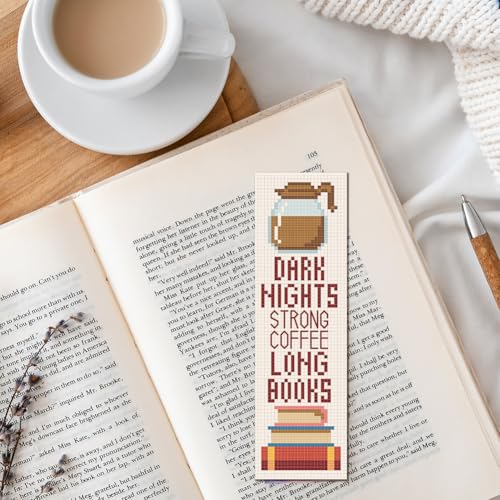 FREEBLOSS 6 Set Cafeteria Cross Stitch Bookmark Stamped Cross Stitch Kit with Coffe&Books Patterns Embroidery Kit with Instruction DIY Bookmark Kit for Gift Adults 8.67''x3'' - style: Coffee Text