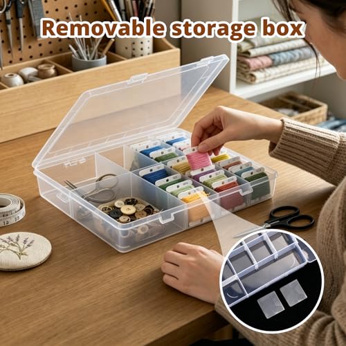 Embroidery Floss Organizer, Cross Stitch Thread Storage Box with Removable 14 Compartments Embroidery Thread Organizer Includes 120 Plastic Bobbins, Stickers, Bobbin Winder for DIY Sewing Crafts