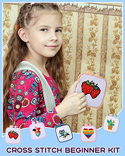 Pllieay 5PCS Cross Stitch Kits for Beginners for Kids 7-13, with Pattern - size: Square Embroidery Hoops