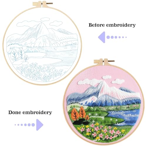 spicssa 2PCS Embroidery Kit for Beginners, Hand Needlepoint Kits for Adults with Pre-Stamped Patterns, 7.8-Inch Hoop, Threads & Needles, Step by Step Instructions - color: Scenery
