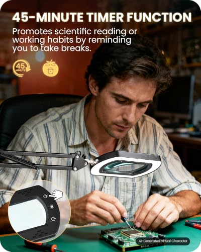 10X Square Magnifying Glass with Light and Stand, 2-in-1 LED Lighted Desk Lamp & Clamp, 5 Color Modes Stepless Dimmable, Hands-Free Magnifier Desk Lamp for Reading Craft Close Work B01DL05